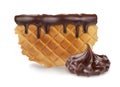 Waffle with chocolate drips and chocolate candy confectionery.